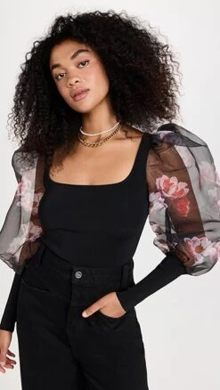 Alice + Olivia Abella Puff Sleeve Square Neck Sweater