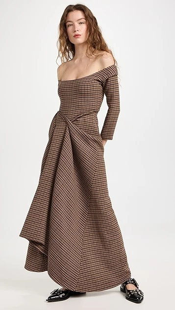 A.W.A.K.E. MODE Open Shoulder Asymmetric Draped Dress - Image 4