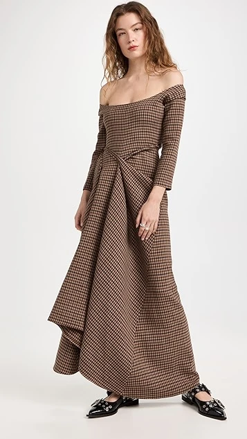 A.W.A.K.E. MODE Open Shoulder Asymmetric Draped Dress