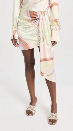 SIMKHAI Mae Marble Printed Satin Draped Mini Skirt