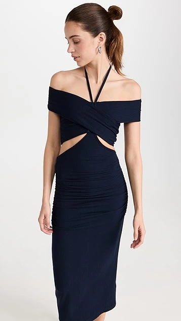 Jonathan Simkhai STANDARD Akane Shaping Rib Off Shoulder Cut Out Midi Dress