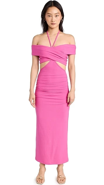 Jonathan Simkhai STANDARD Akane Shaping Rib Off Shoulder Cutout Halter Tie Dress - Image 6