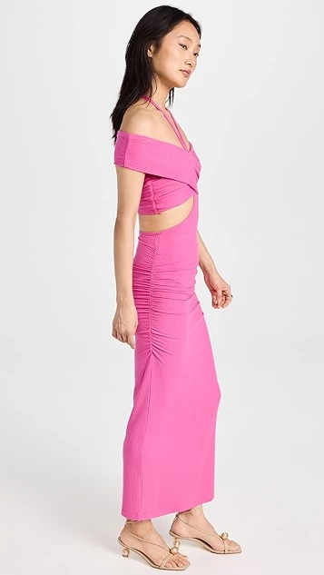 Jonathan Simkhai STANDARD Akane Shaping Rib Off Shoulder Cutout Halter Tie Dress - Image 3