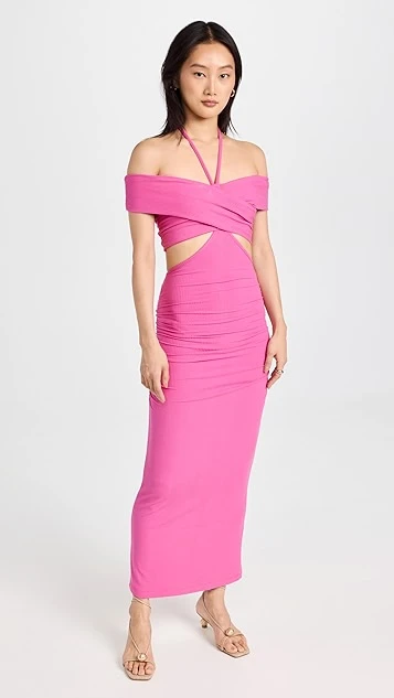 Jonathan Simkhai STANDARD Akane Shaping Rib Off Shoulder Cutout Halter Tie Dress