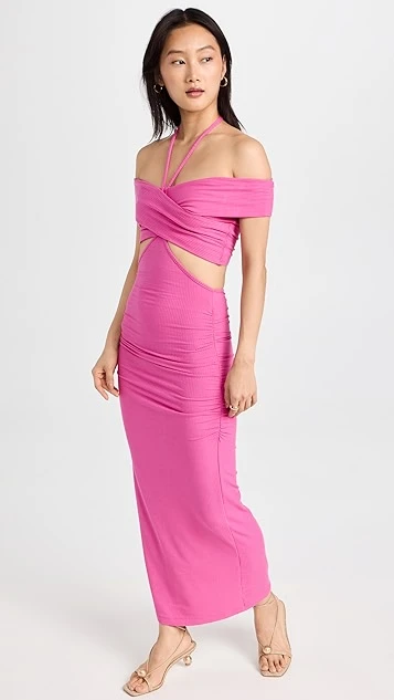 Jonathan Simkhai STANDARD Akane Shaping Rib Off Shoulder Cutout Halter Tie Dress - Image 4