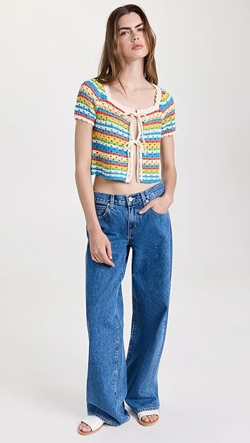 KITRI Drew Blue Crochet Short Sleeve Knit Cardigan - Image 4