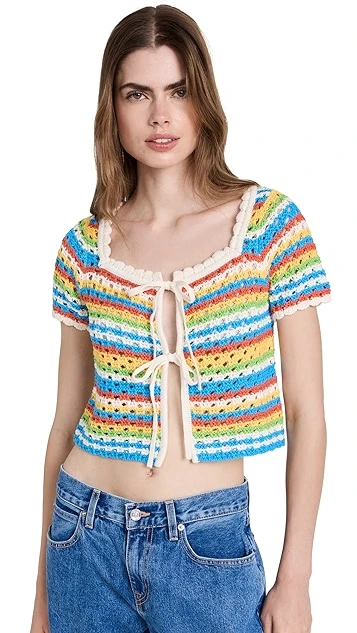 KITRI Drew Blue Crochet Short Sleeve Knit Cardigan - Image 6