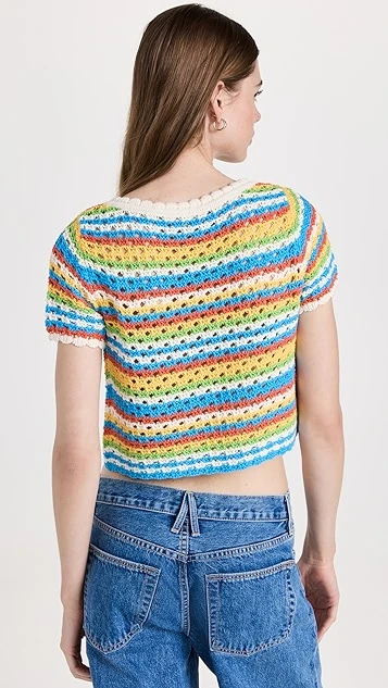 KITRI Drew Blue Crochet Short Sleeve Knit Cardigan - Image 2