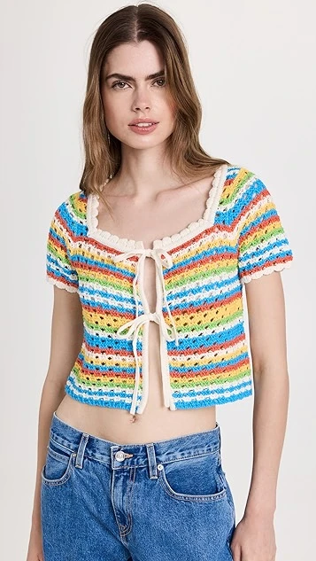 KITRI Drew Blue Crochet Short Sleeve Knit Cardigan - Image 7