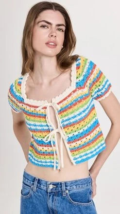 KITRI Drew Blue Crochet Short Sleeve Knit Cardigan