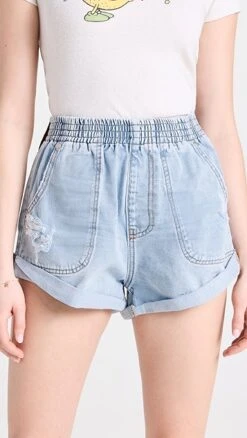 One Teaspoon Blue Latte Hunters Mid Length Relaxed Shorts