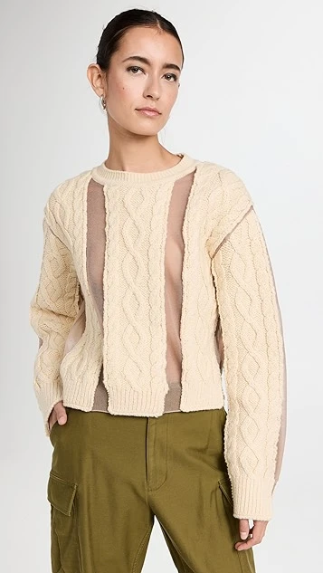 PushBUTTON Ivory Cable Mesh Combi Crop Knit Pullover - Image 6