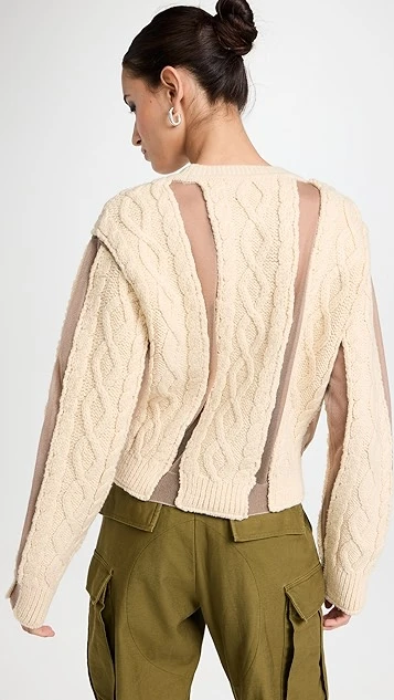 PushBUTTON Ivory Cable Mesh Combi Crop Knit Pullover
