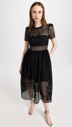 Self Portrait Black Grid Lace Midi Dress