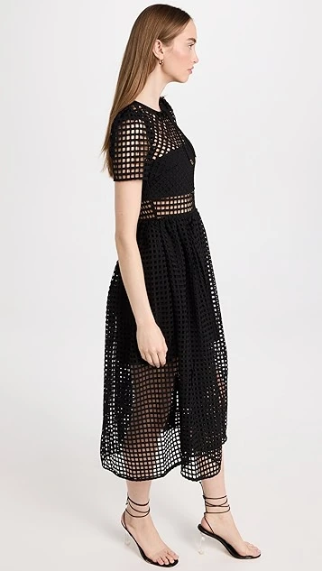 Self Portrait Black Grid Lace Midi Dress - Image 3
