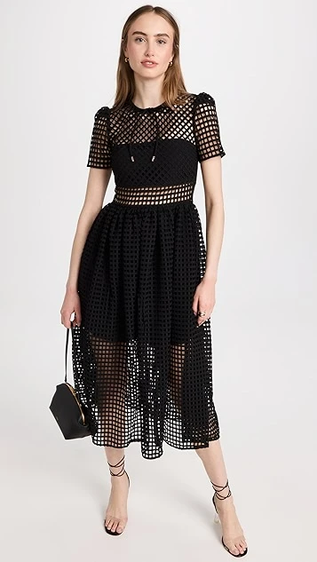 Self Portrait Black Grid Lace Midi Dress - Image 4