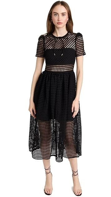 Self Portrait Black Grid Lace Midi Dress - Image 6